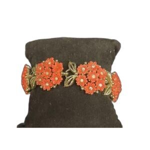 Vintage Lisner Carved Celluloid Coral Flower Bracelet, Signed